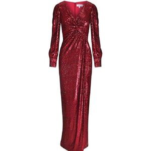TERI JON by RICKIE FREEMAN Red Sequin Faux Wrap Gown Dress